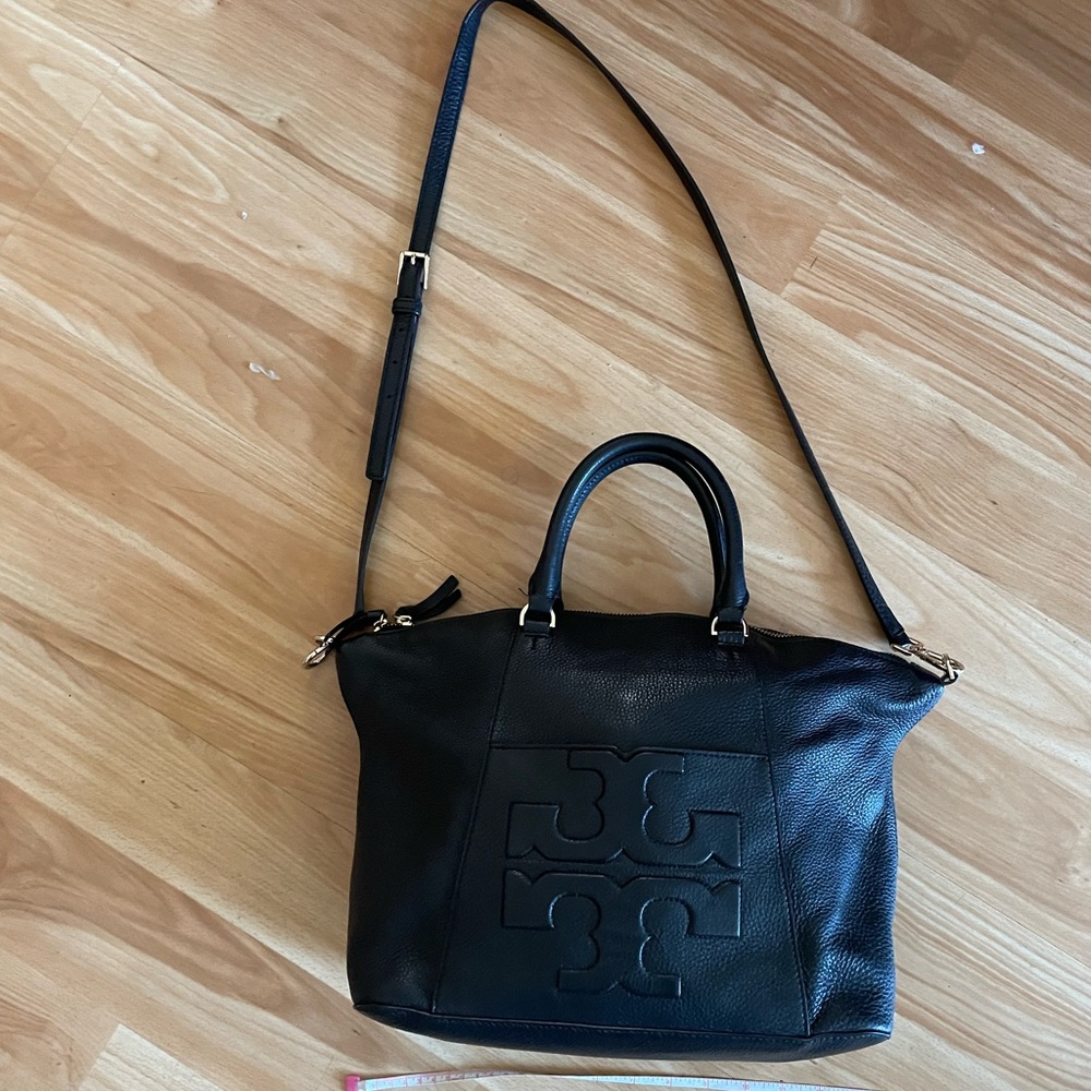 Tory Burch Black Leather Satchel with Top Handles and Crossbody Strap